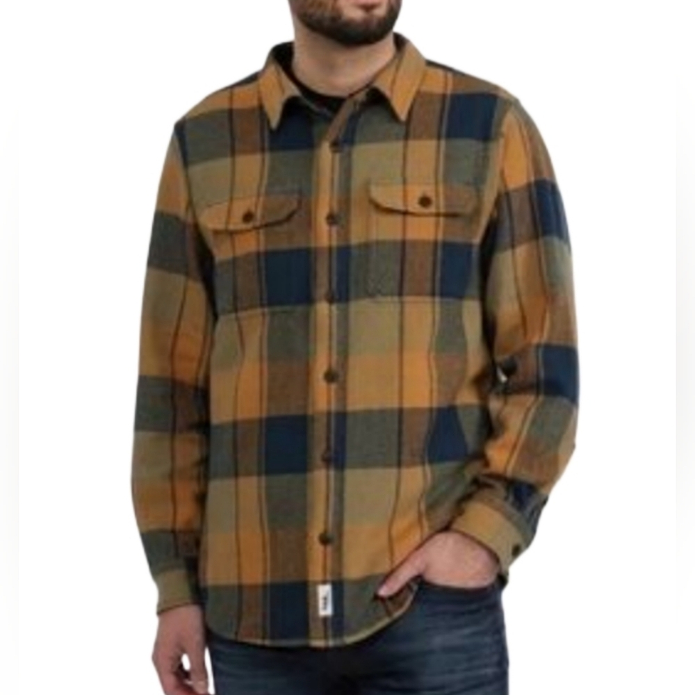Frank & Oak Men's Mustard and Navy Plaid Button-Down Shirt - medium